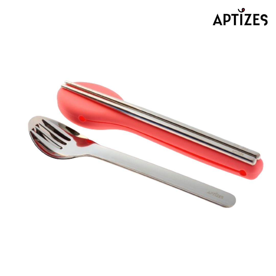 APTIZES Reusable Travel Cutlery Set On to Go 304 (18/08) Stainless Steel Fork Spoon Knife Chopstick with Silicon Case