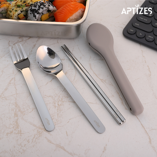 APTIZES Reusable Travel Cutlery Set On to Go 304 (18/08) Stainless Steel Fork Spoon Knife Chopstick with Silicon Case