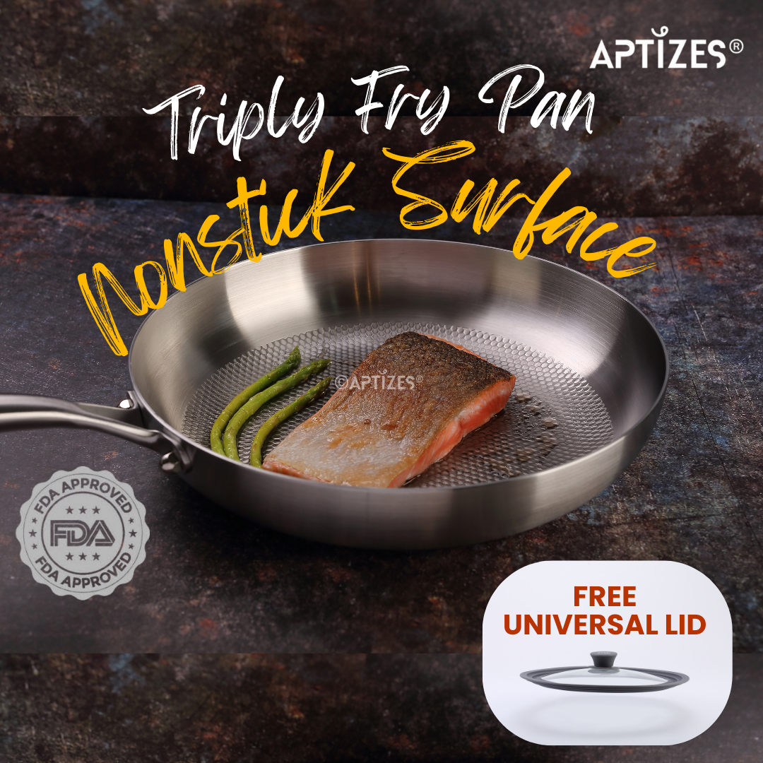APTIZES Triply Fry Pan Nonstick Surface with Universal Lid FDA Certified