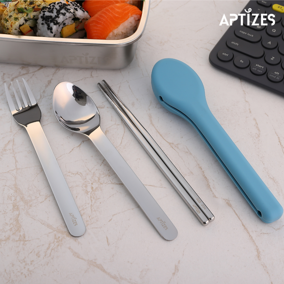 APTIZES Reusable Travel Cutlery Set On to Go 304 (18/08) Stainless Steel Fork Spoon Knife Chopstick with Silicon Case