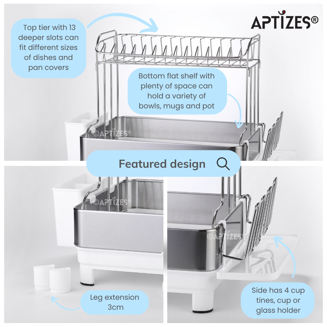 APTIZES Dish Drainer for Kitchen 304 Stainless Steel Dish Drying Rack Sink Accessories Rustproof