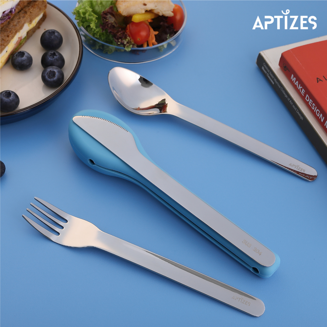 APTIZES Reusable Travel Cutlery Set On to Go 304 (18/08) Stainless Steel Fork Spoon Knife Chopstick with Silicon Case